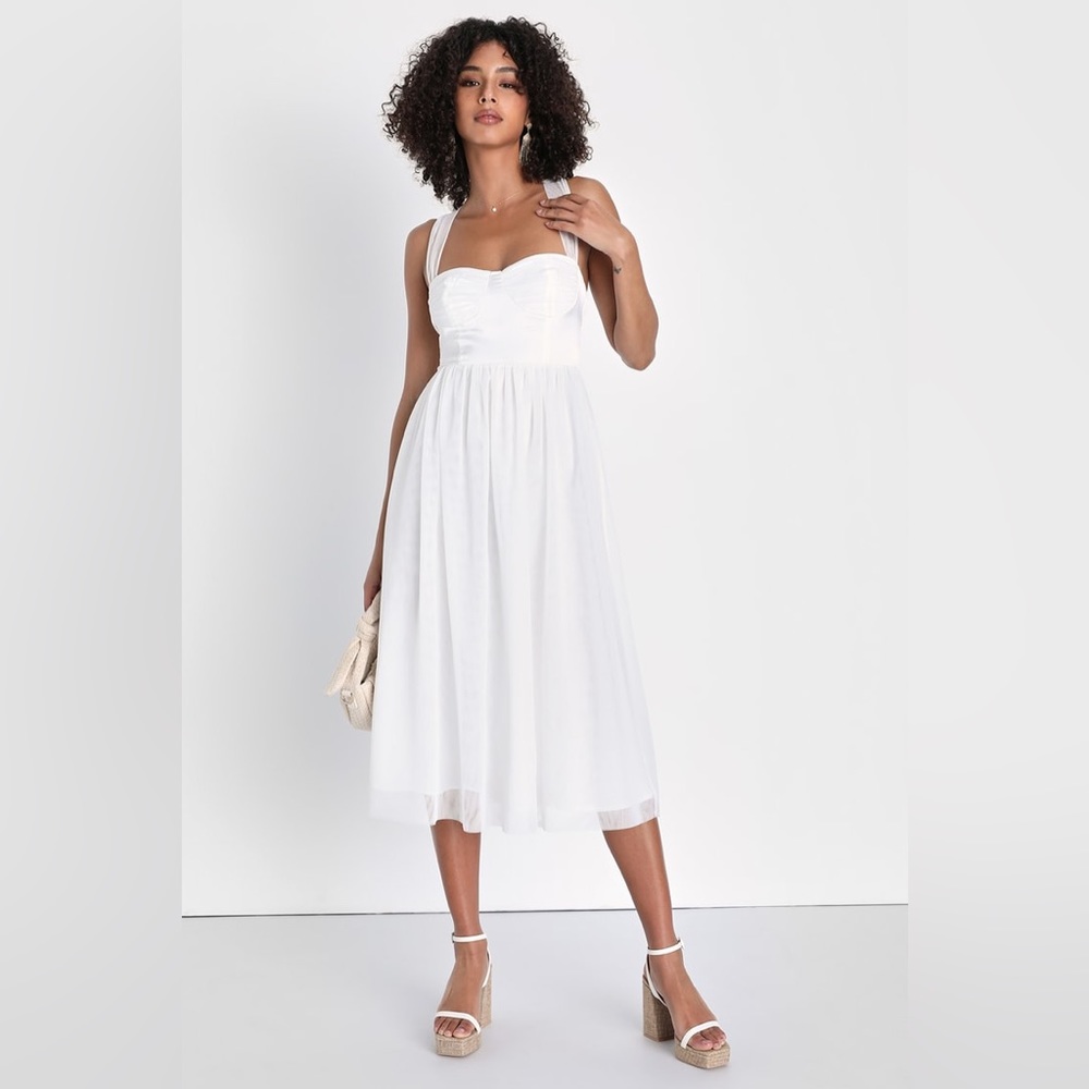 🆕“Lulus” Twirling For You Ivory Lace-Up Bustier Tulle Midi Dress XLG